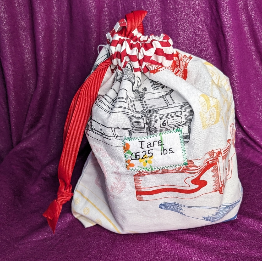 Reusable fabric produce bag with tare weight- trucks and red stripes